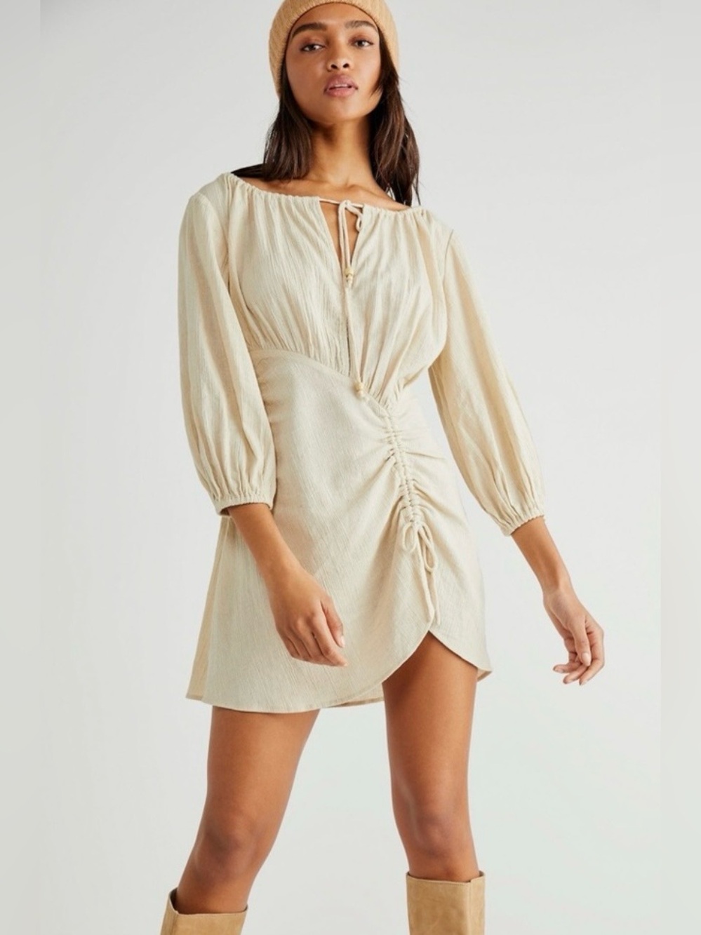 Free People Port Sunlight Mini Dress Smocked Linen Cotton Blend Natural Beige XS